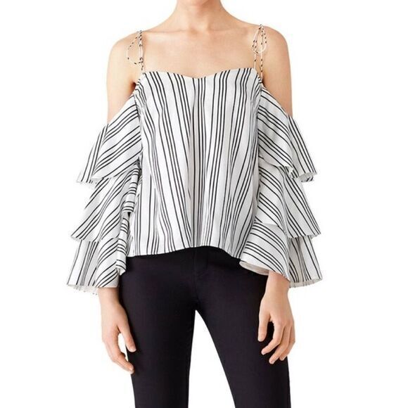 Amur Sophie Black Striped Ruffle Blouse Us 6/ Small